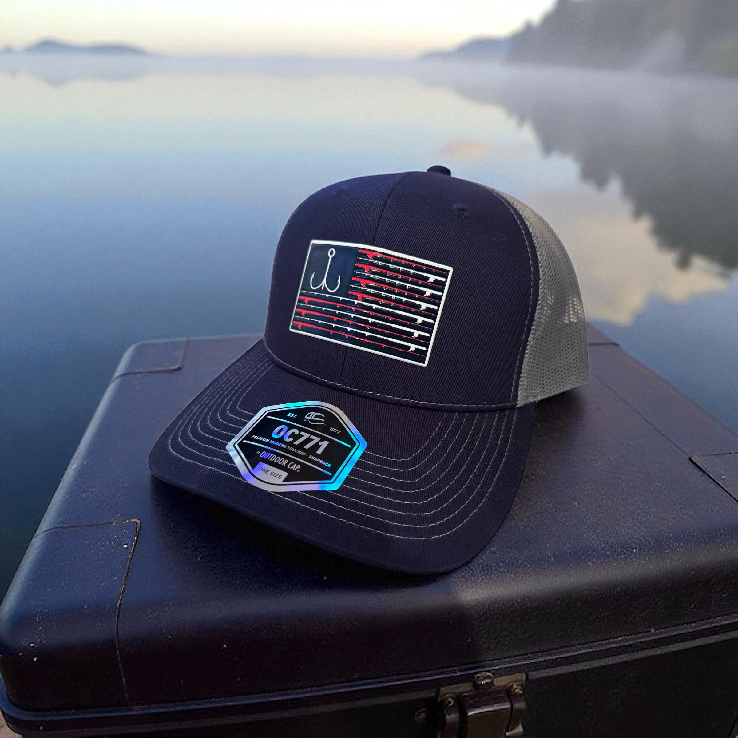 OC771 Outdoor Cap Hook and Rod Flag Patch Trucker Hat