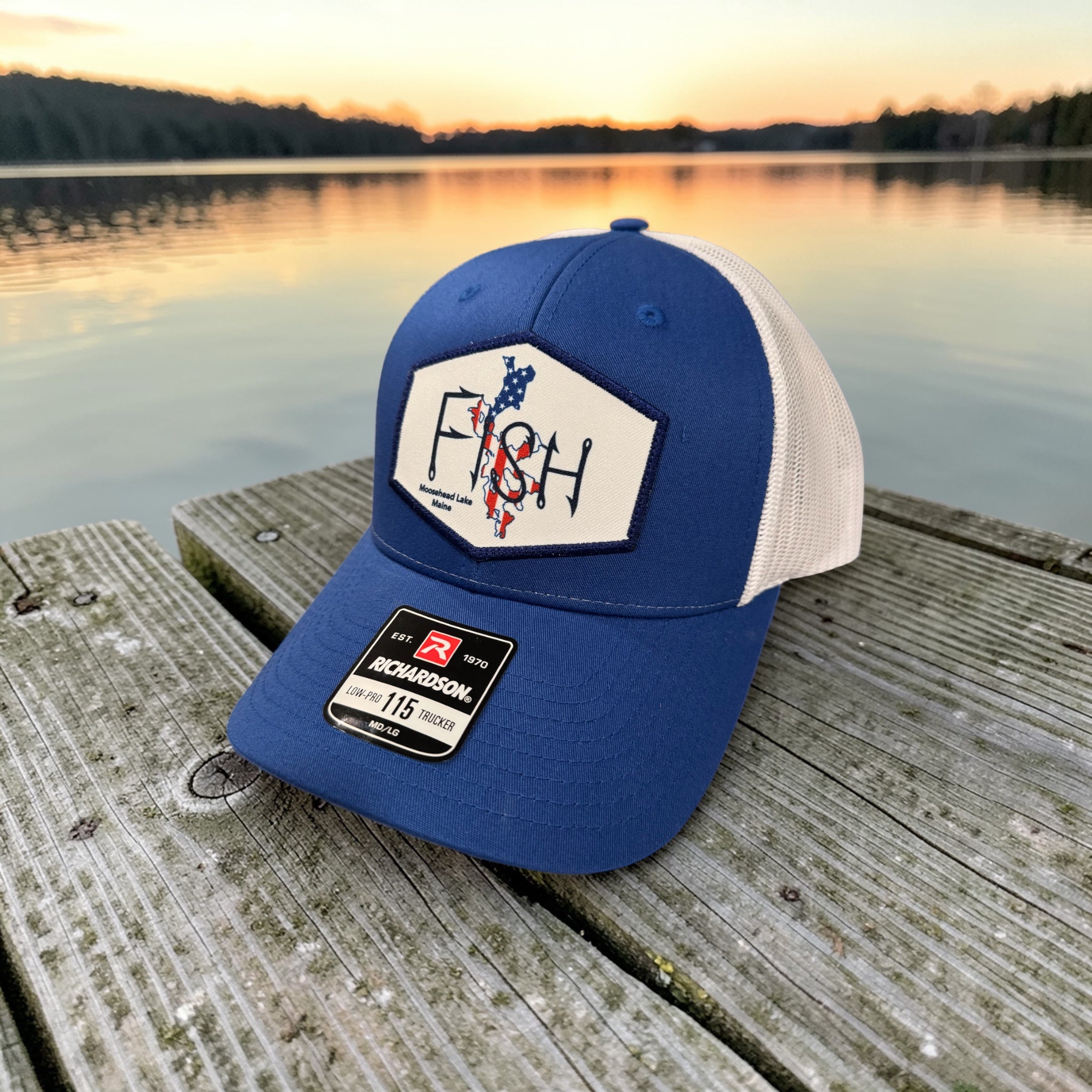 FISH Moosehead Lake Maine Richardson 115 Low Profile Trucker Hat - Royal/White