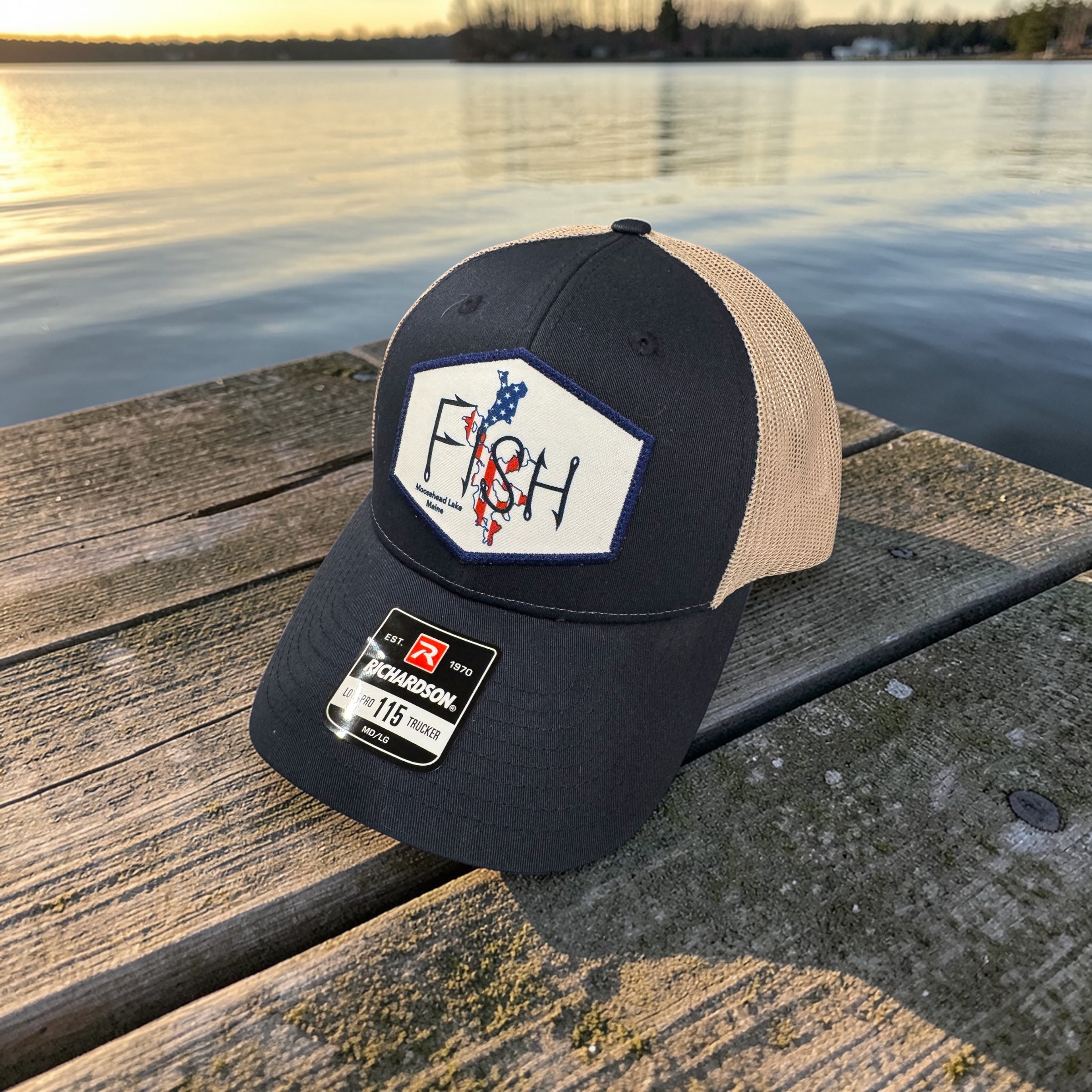 FISH Moosehead Lake Maine Richardson 115 Low Profile Trucker Hat - Navy/Khaki