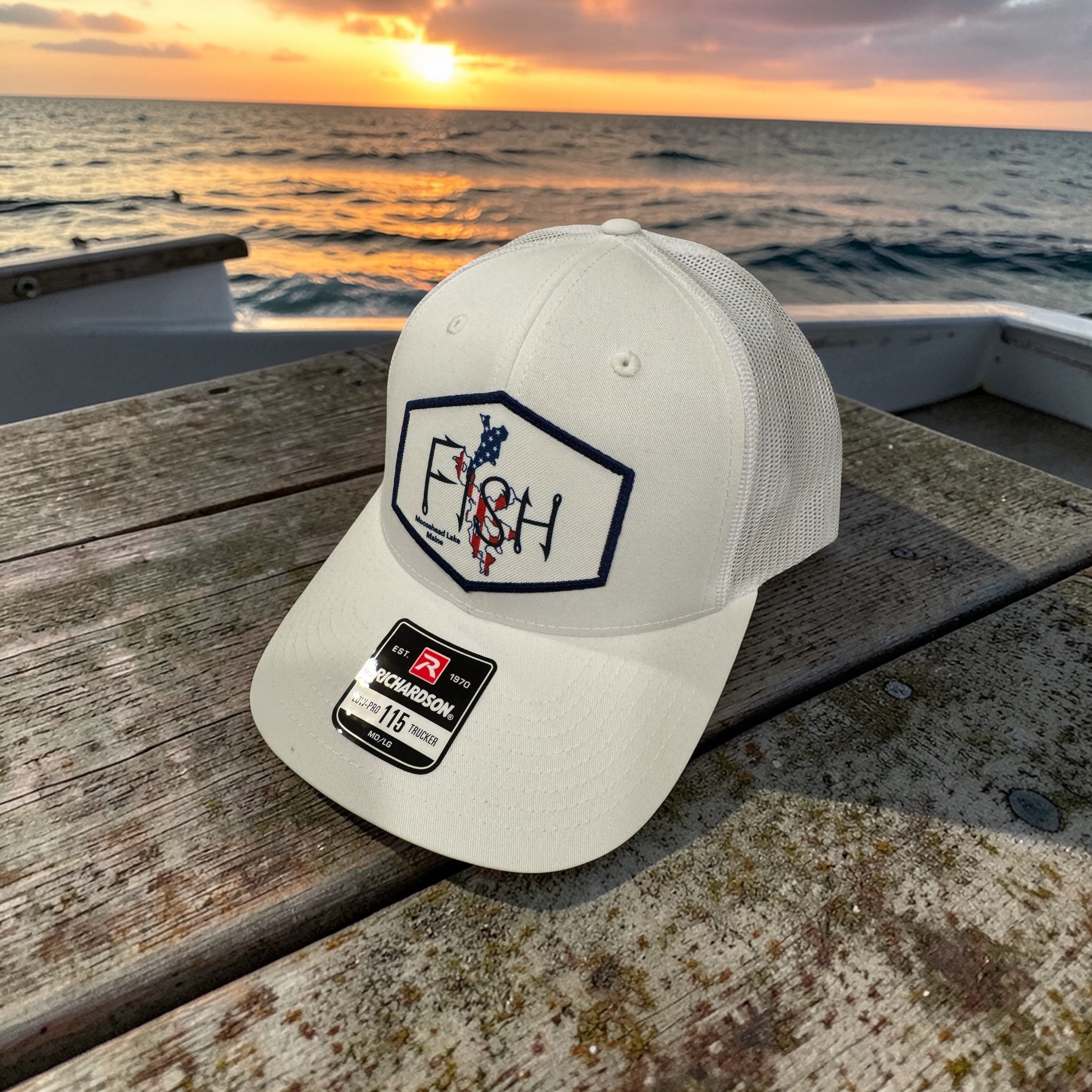 FISH Moosehead Lake Maine Richardson 115 Low Profile Trucker Hat - White/White