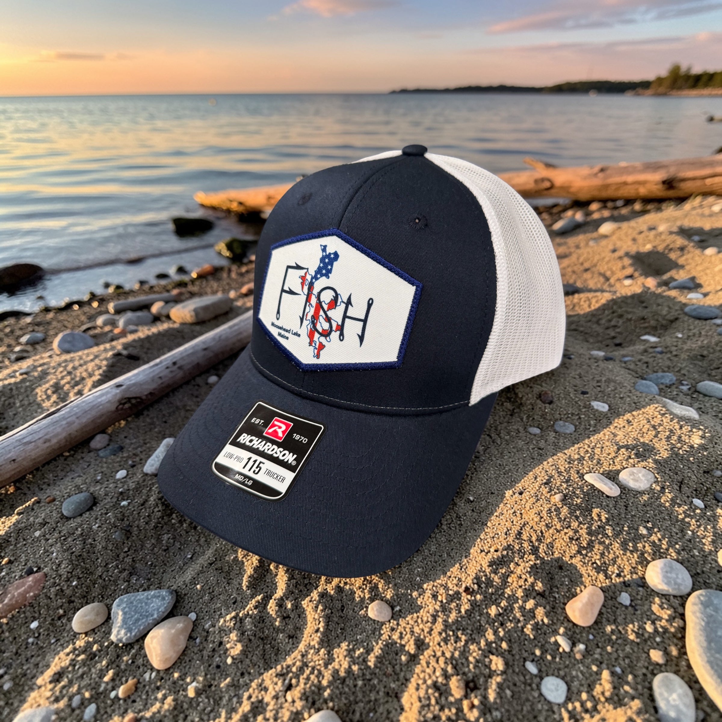FISH Moosehead Lake Maine Richardson 115 Low Profile Trucker Hat - Navy/White