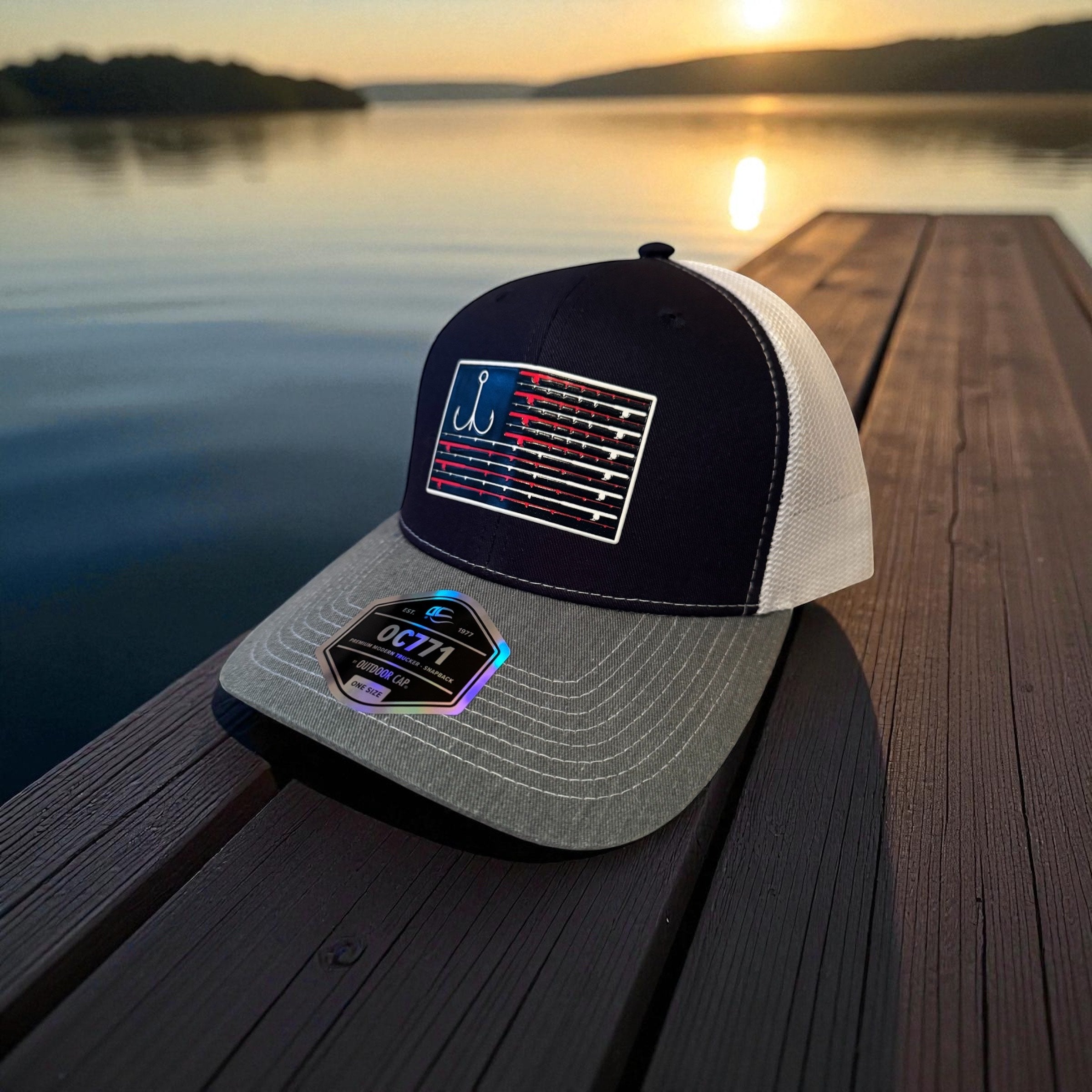 OC771 Outdoor Cap Hook and Rod Flag Patch Trucker Hat