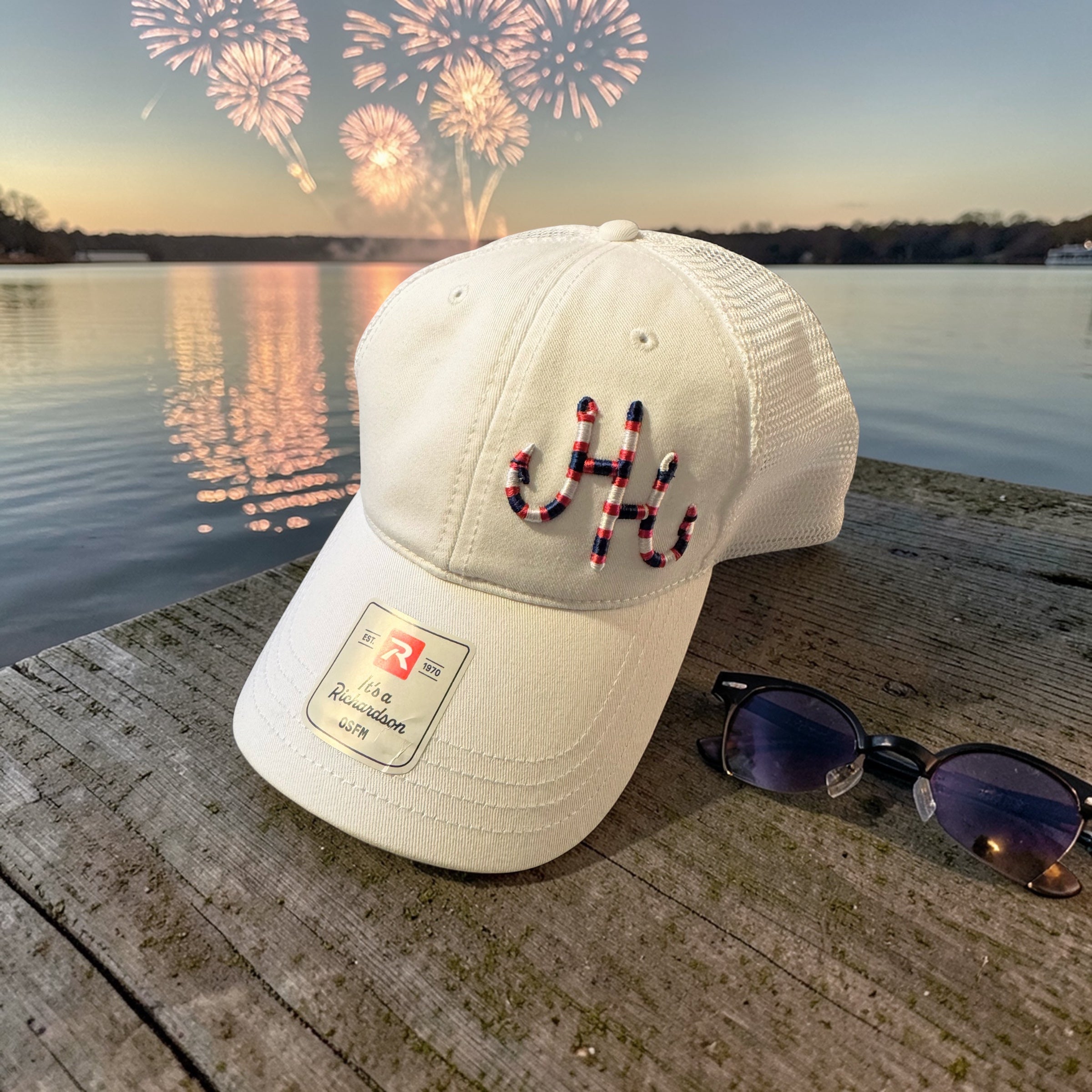 Richardson 111 Garment Washed Hat - White with Red/White/Blue Embroidered Logo